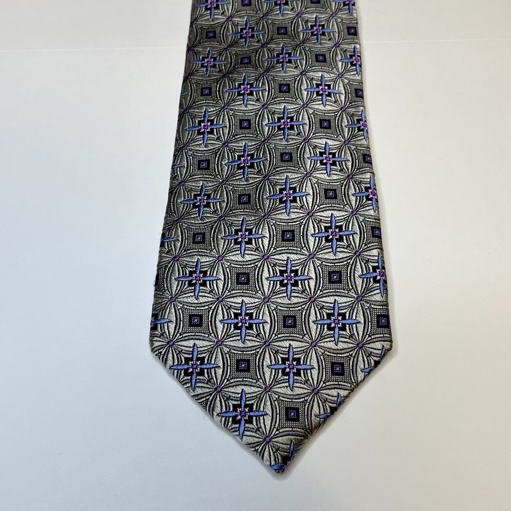 Jos. A. Bank Signature Gold 100% Silk Geometric Tie Silver Blue Purple Black